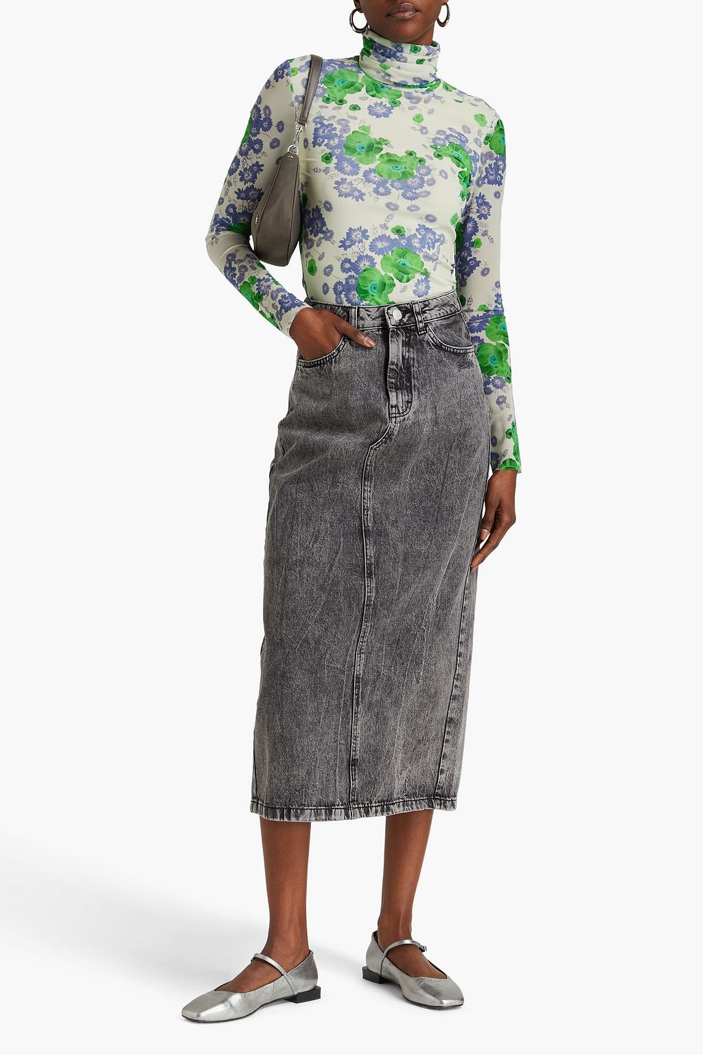 GANNI Floralprint stretchmesh turtleneck top THE