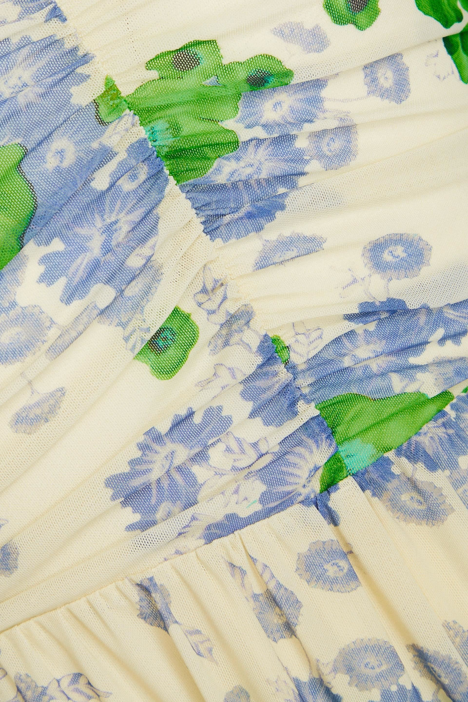 Ganni Short Sleeve Printed Mesh Puff Sleeves Long Dress In Green