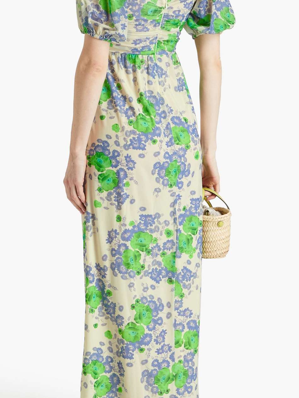 ruched floral-print stretch-mesh maxi dress