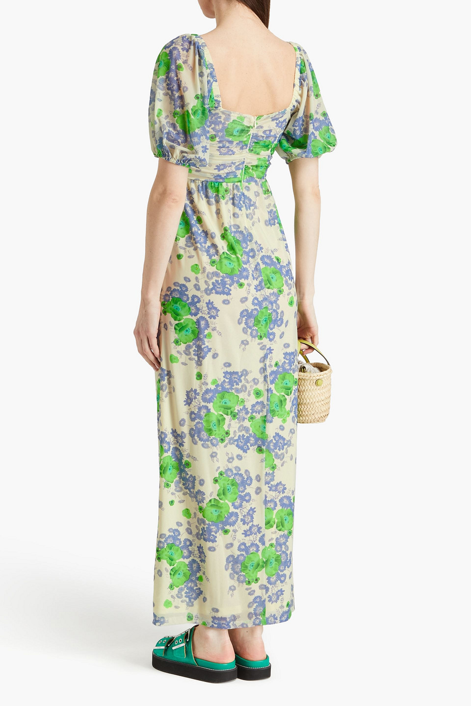 Ganni Short Sleeve Printed Mesh Puff Sleeves Long Dress In Green