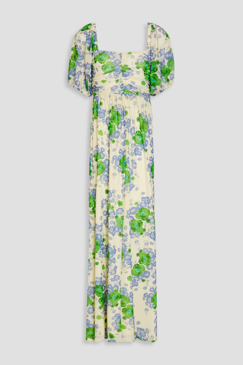 Ganni Short Sleeve Printed Mesh Puff Sleeves Long Dress In Green