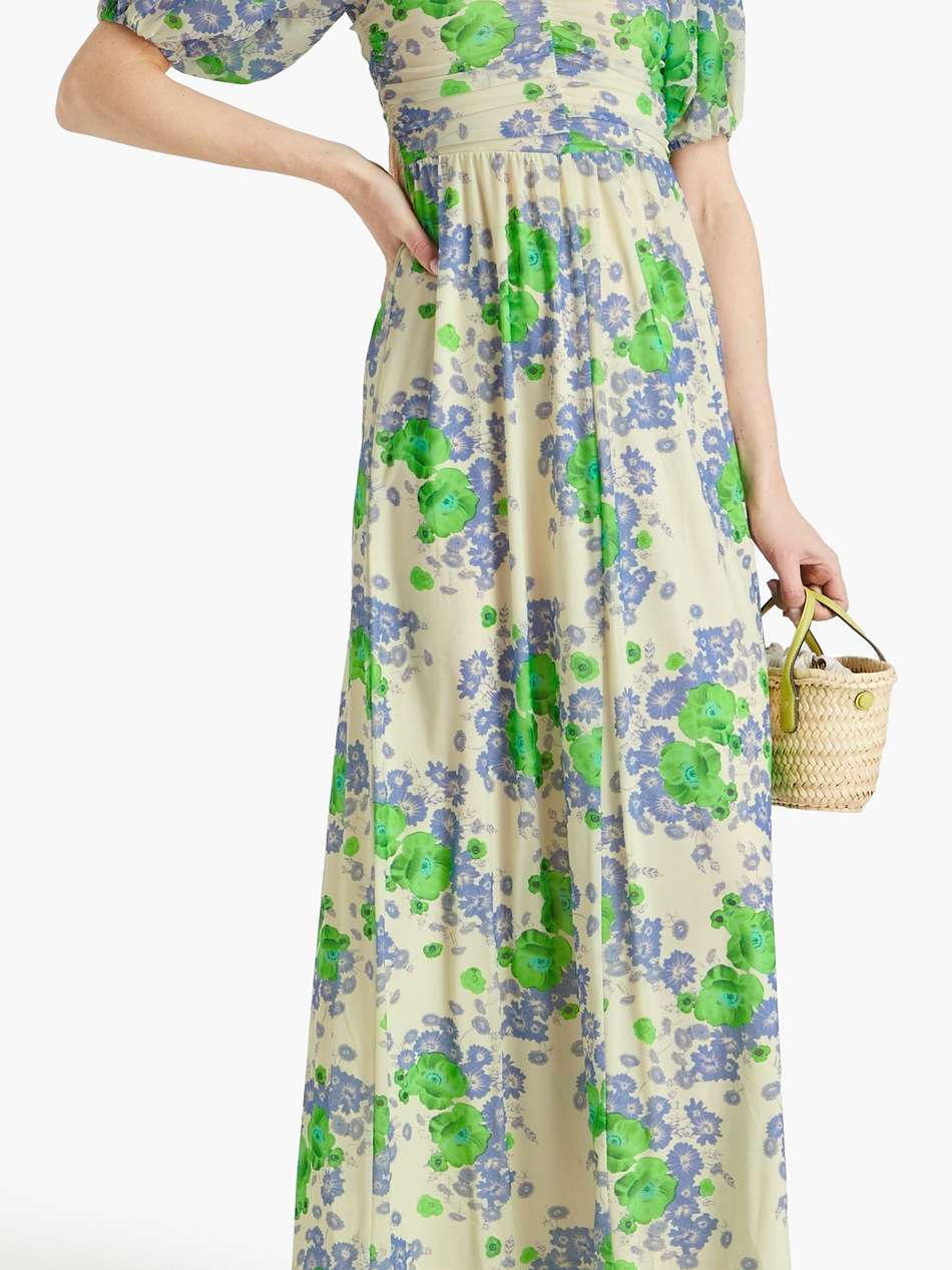 ruched floral-print stretch-mesh maxi dress
