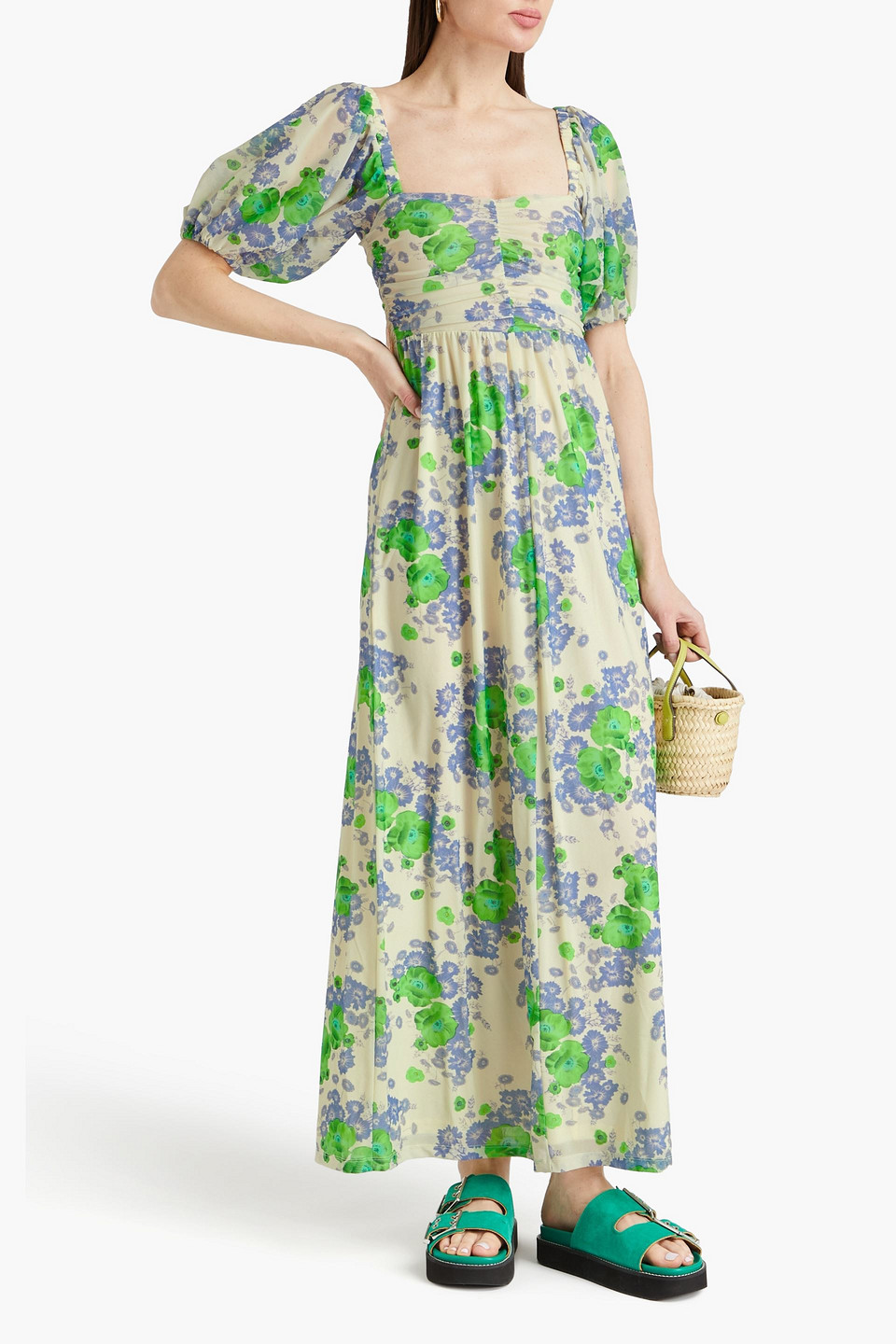 Ganni Short Sleeve Printed Mesh Puff Sleeves Long Dress In Green
