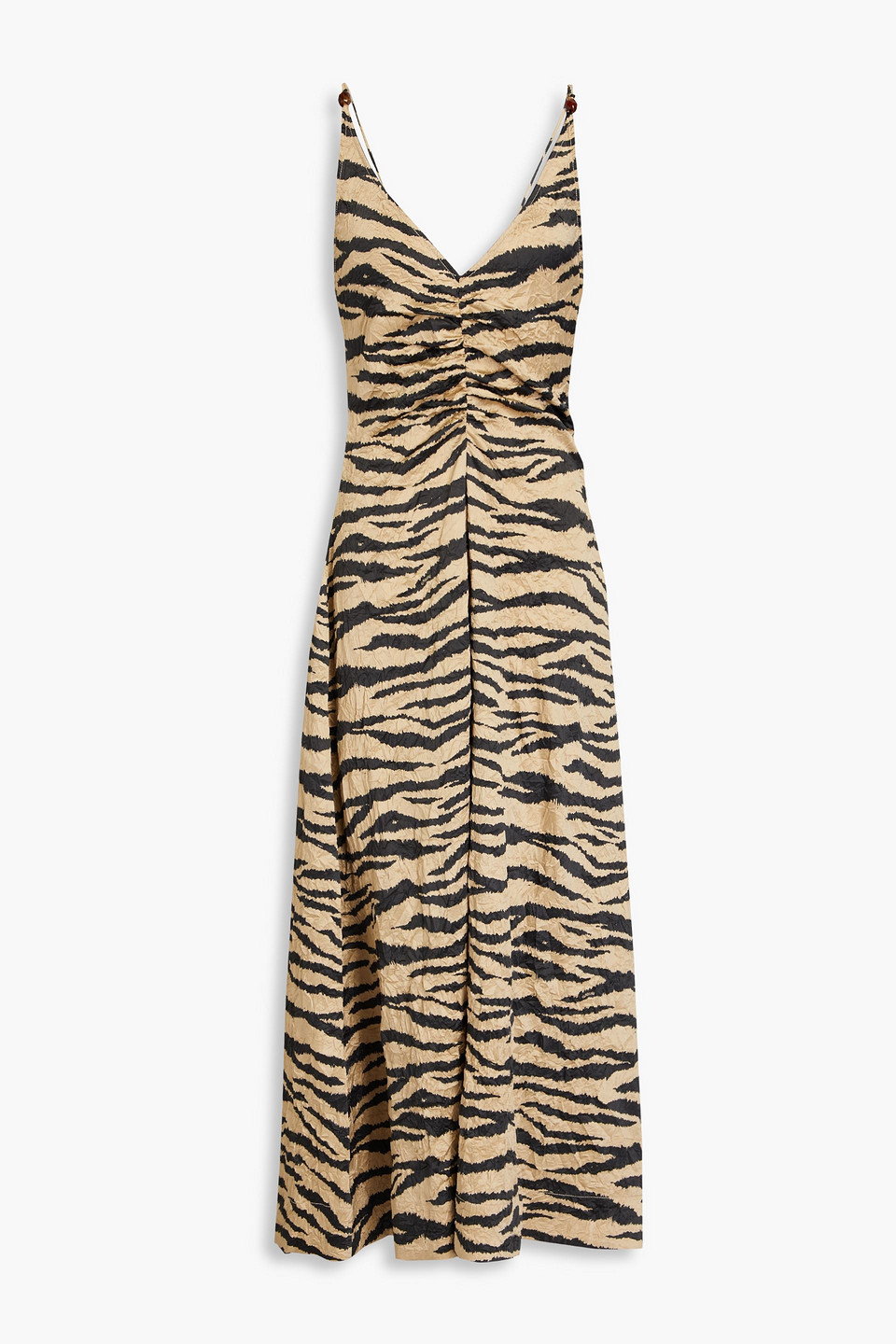 Ganni Khaki Crinkled Maxi Dress In Animal Print