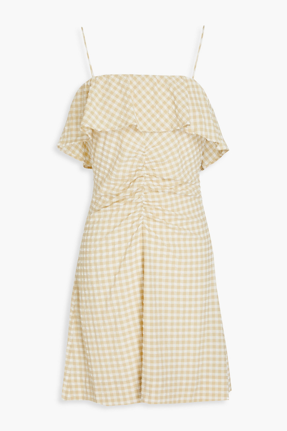 GANNI RUCHED GINGHAM SEERSUCKER MINI DRESS