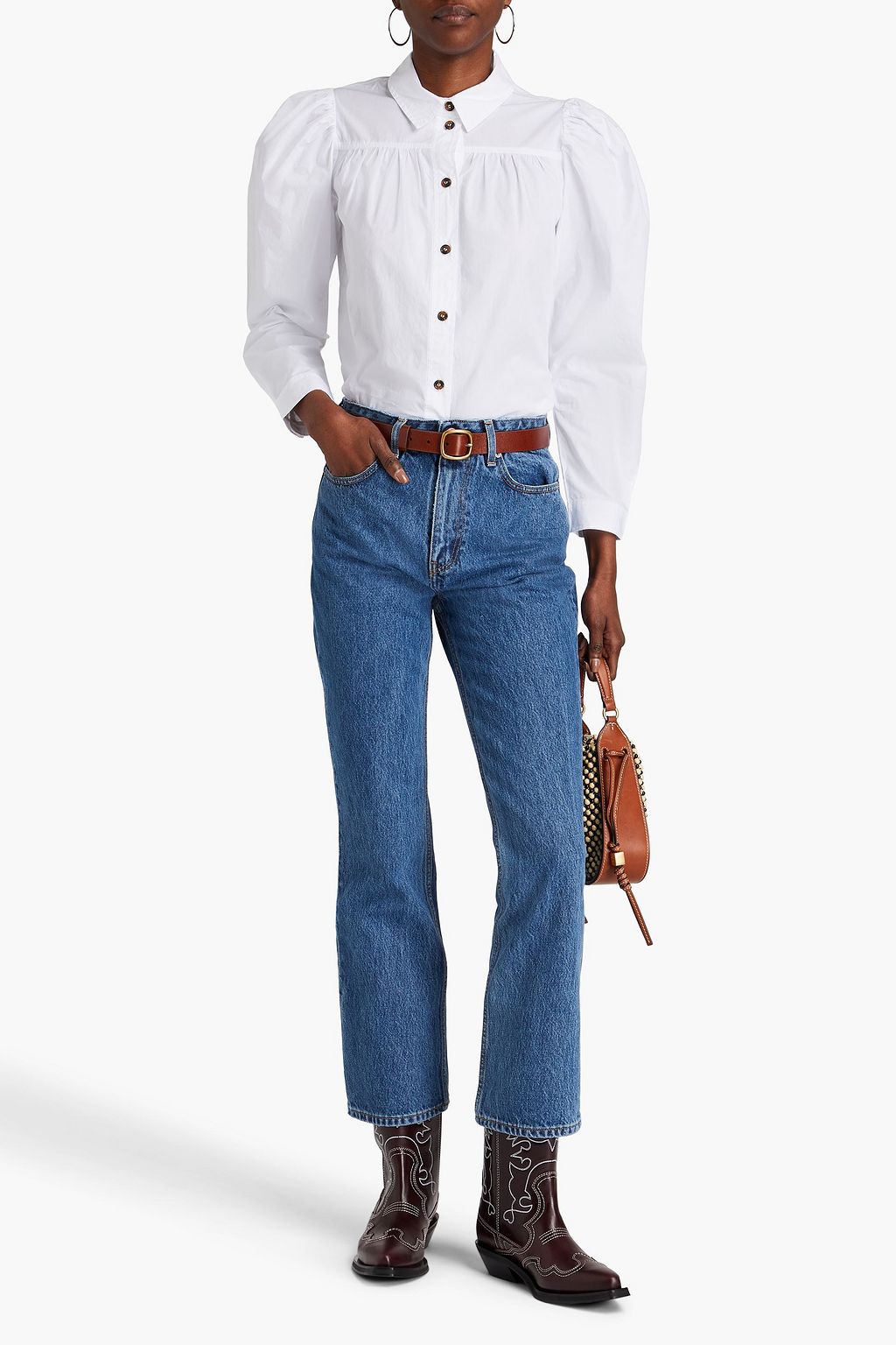 GANNI Gathered cotton-poplin shirt