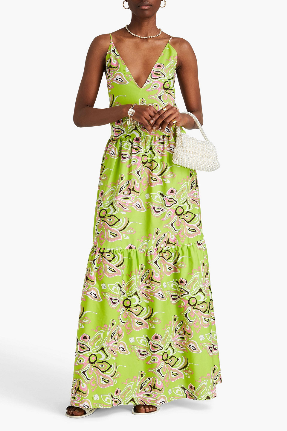 Shop Pucci Printed Cotton-poplin Maxi Dress In Lime Green