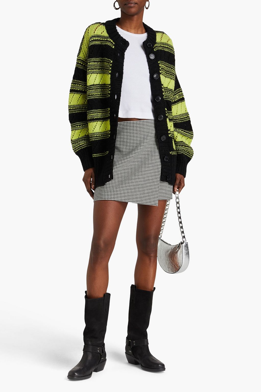 GANNI Two-tone pointelle-knit wool cardigan