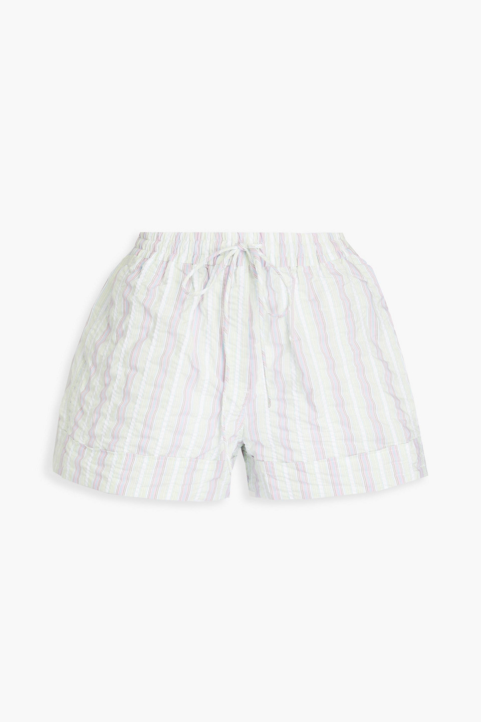 Ganni Striped Seersucker Shorts In Light Green