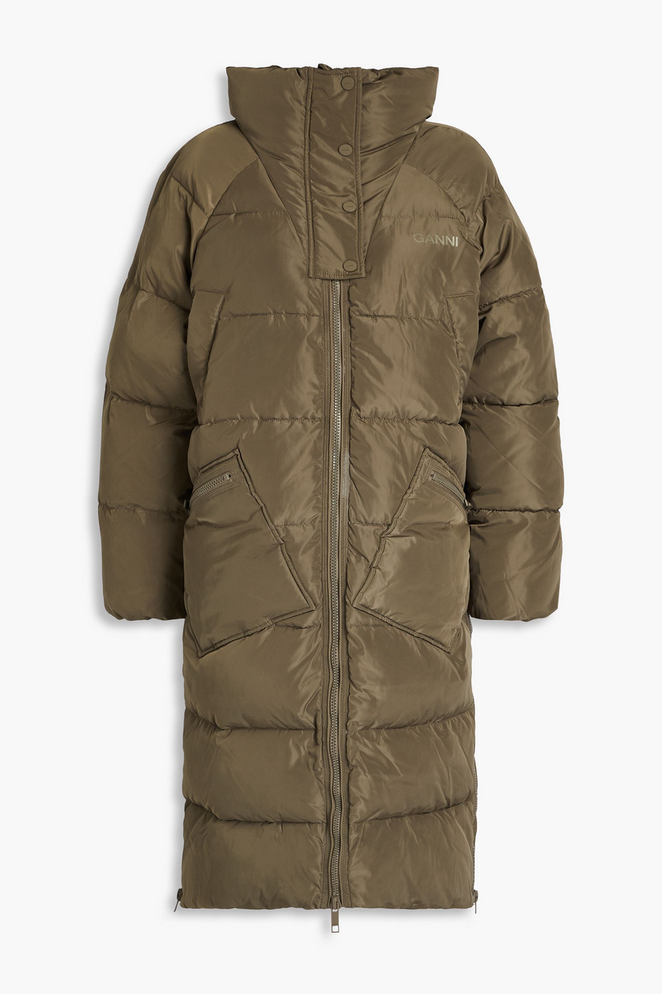 Ganni Logo-print Quilted Shell Coat In Army Green