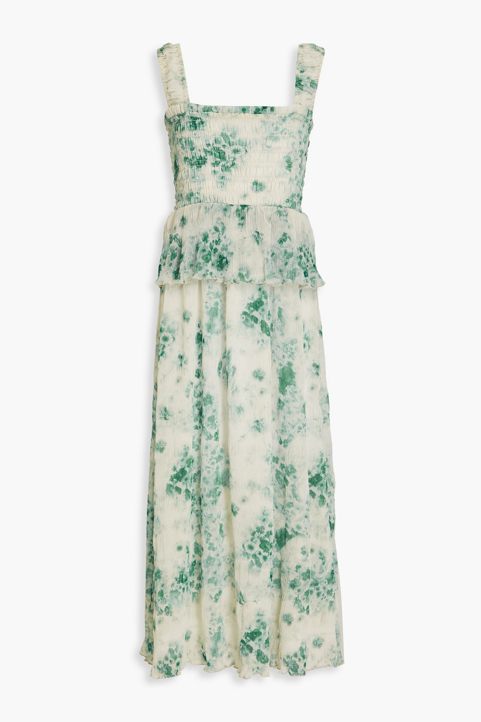Ganni Shirred Printed Pliss-chiffon Midi Dress In Off-white | ModeSens
