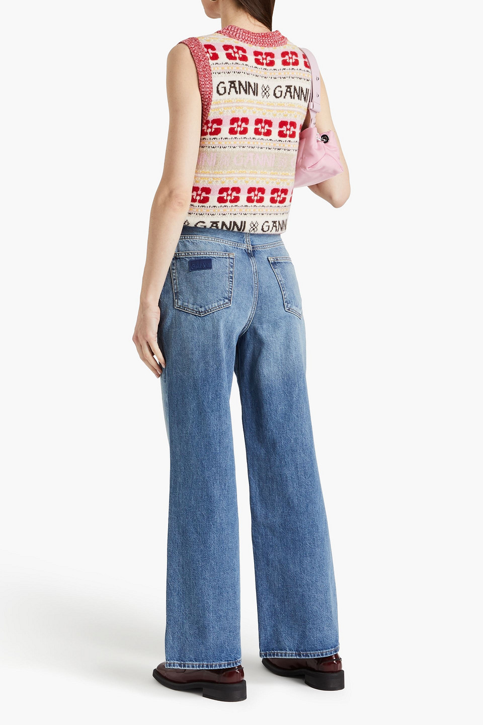 Shop Ganni Faded High-rise Wide-leg Jeans In Mid Denim