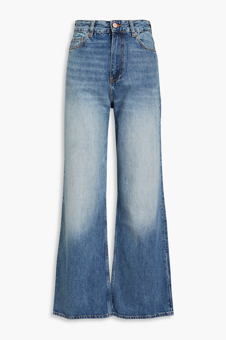 Ganni Faded High-rise Wide-leg Jeans In Mid Denim