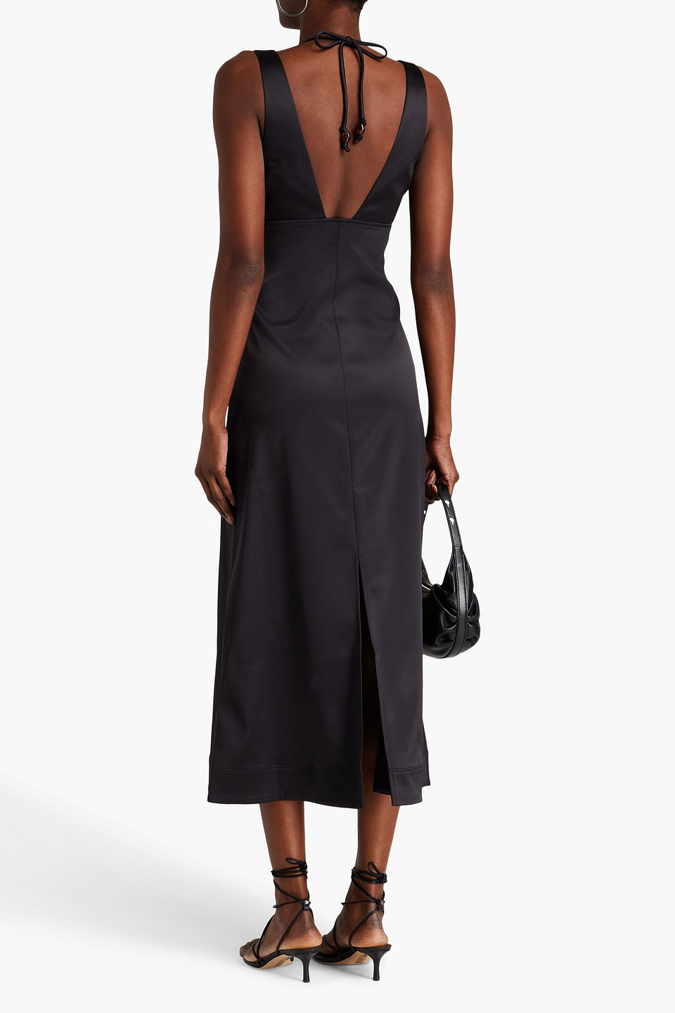Ganni Bead-embellished Ruched Satin Halterneck Midi Dress In Black