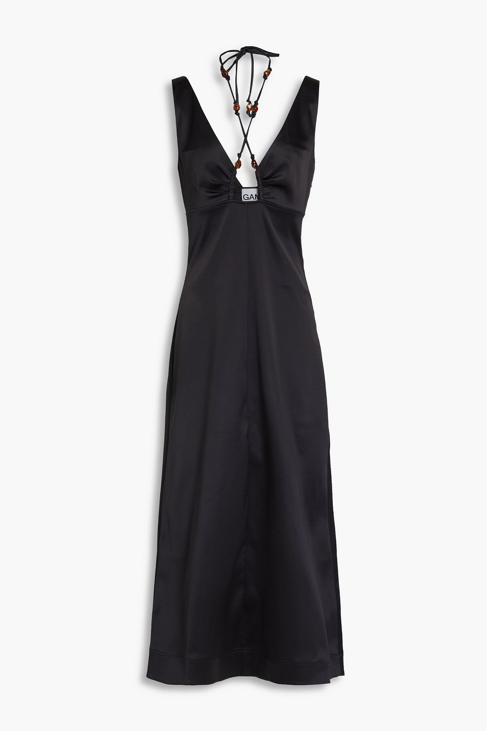 Ganni Bead-embellished Ruched Satin Halterneck Midi Dress In Black