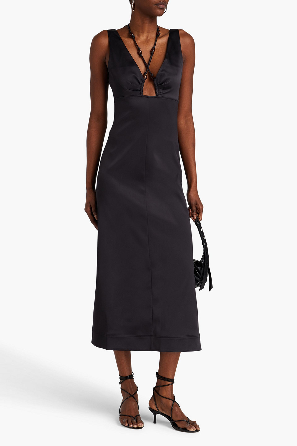 Ganni Bead-embellished Ruched Satin Halterneck Midi Dress In Black
