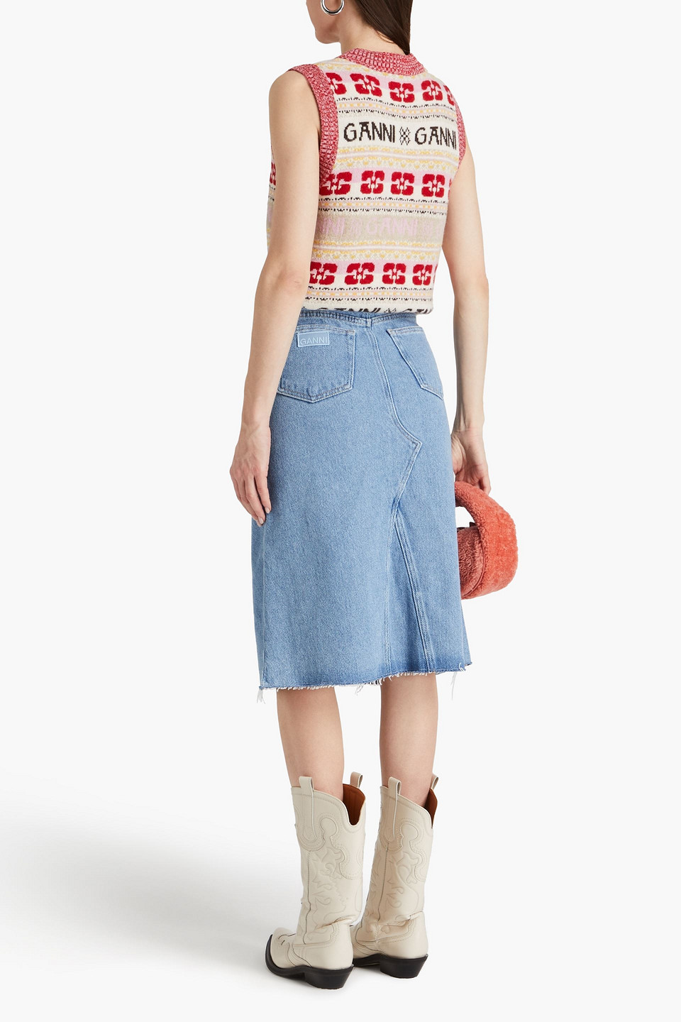 Shop Ganni Frayed Denim Skirt In Blue