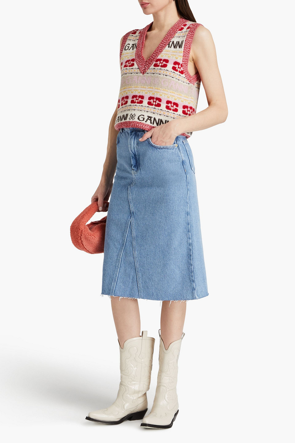 Shop Ganni Frayed Denim Skirt In Blue