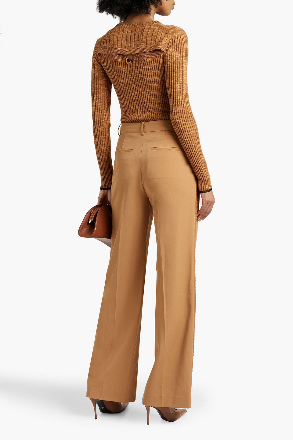 Shop Derek Lam 10 Crosby Delta Crochet-trimmed Twill Wide-leg Pants In Camel