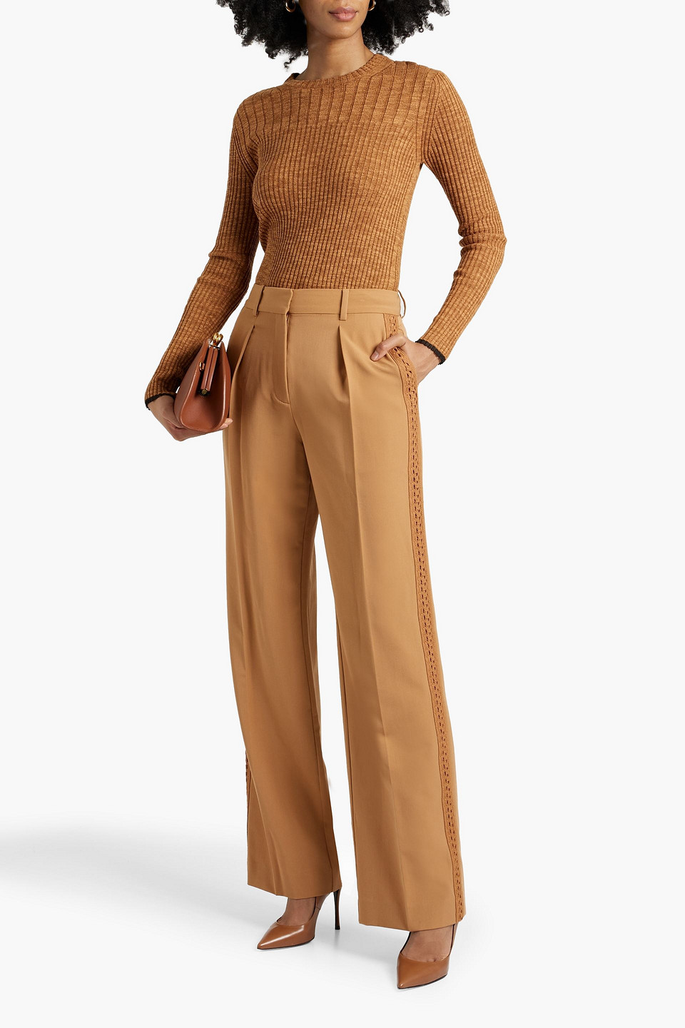 Shop Derek Lam 10 Crosby Delta Crochet-trimmed Twill Wide-leg Pants In Camel