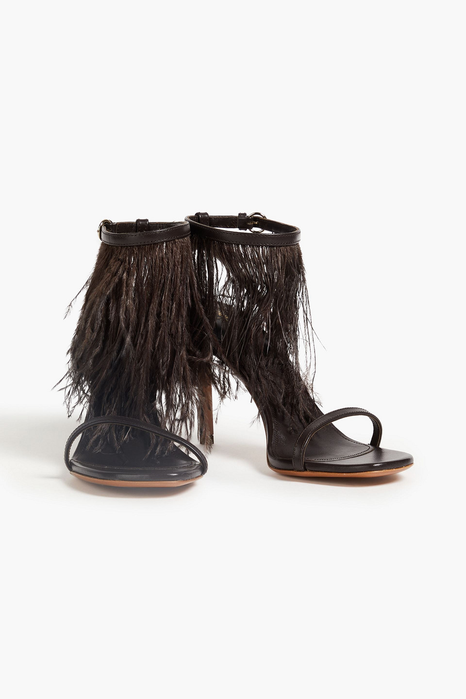 Shop Pucci Feather-embellished Leather Sandals In Dark Brown