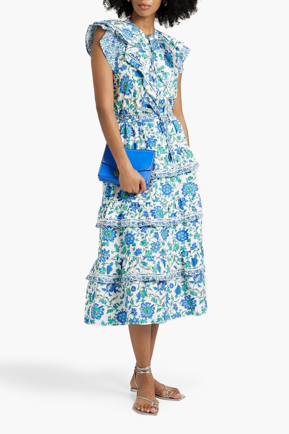 Shop Derek Lam 10 Crosby Nemea Ruffled Printed Cotton-blend Poplin Midi Skirt In Blue