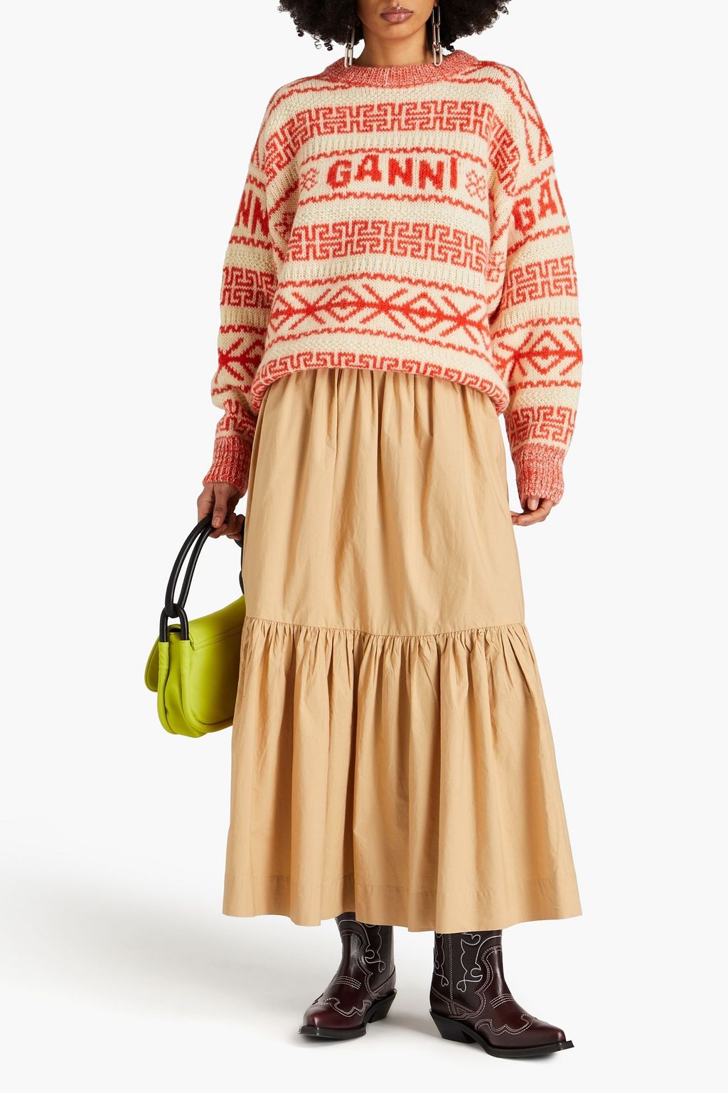 GANNI Tiered ruched cotton-poplin maxi skirt
