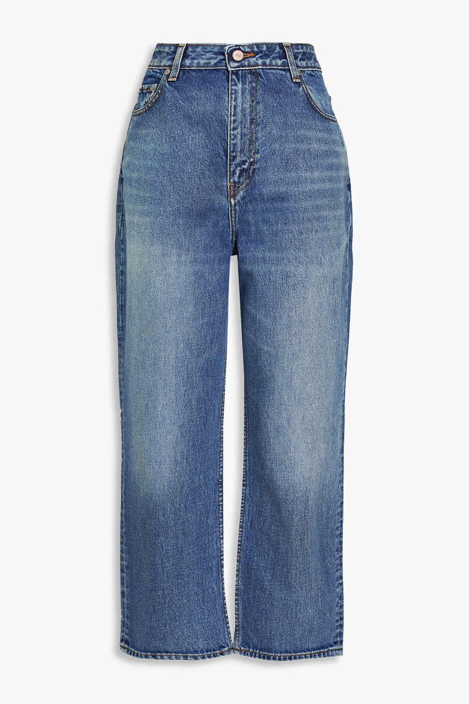 Ganni Cropped Faded Straight-leg Jeans In Mid Denim