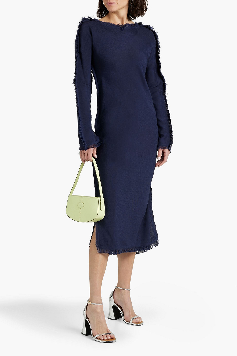 Shop Marni Frayed Crepe Midi Dress In Navy