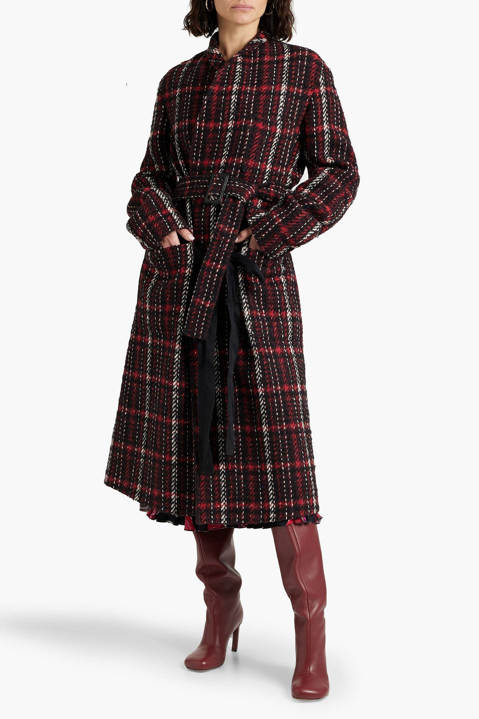 Shop Marni Checked Wool-blend Tweed Coat In Red