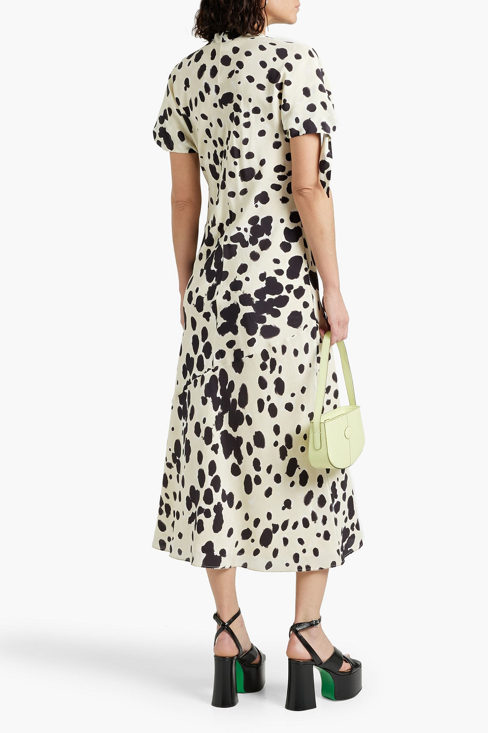 Shop Marni Pussy-bow Printed Silk-crepe Midi Dress In Ecru