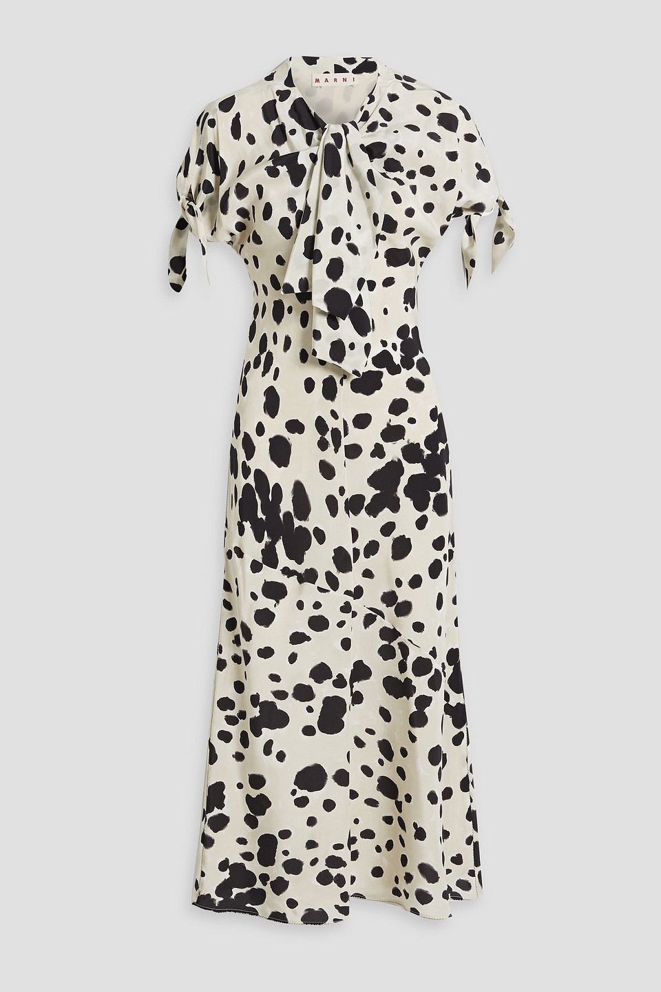 Shop Marni Pussy-bow Printed Silk-crepe Midi Dress In Ecru