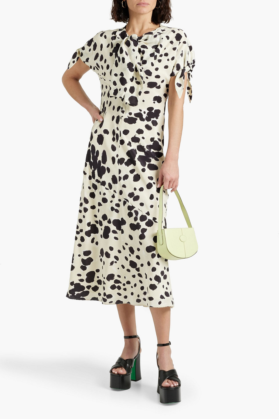 Shop Marni Pussy-bow Printed Silk-crepe Midi Dress In Ecru