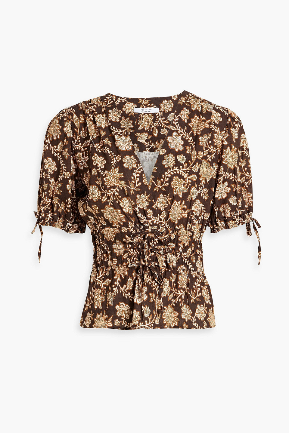 Shop Derek Lam 10 Crosby Rhea Wrap-effect Printed Linen-blend Top In Chocolate