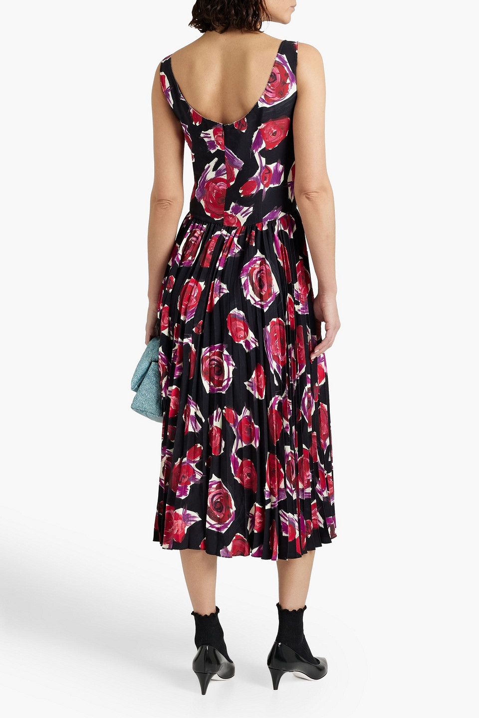 Shop Marni Pleated Floral-print Crepe Midi Dress In Black