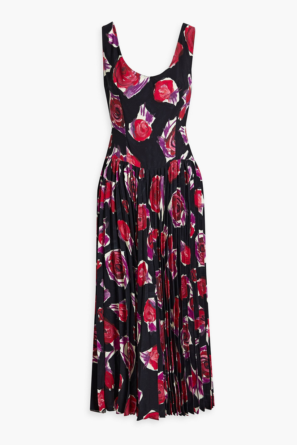 Marni Pleated Floral-print Midi Dress In Black