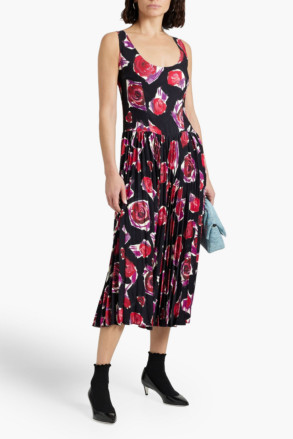 Shop Marni Pleated Floral-print Crepe Midi Dress In Black