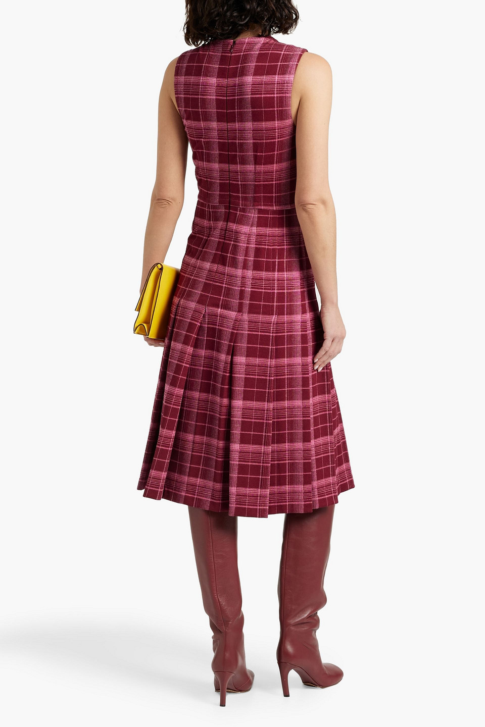 Shop Marni Pleated Checked Jersey Midi Dress In Claret