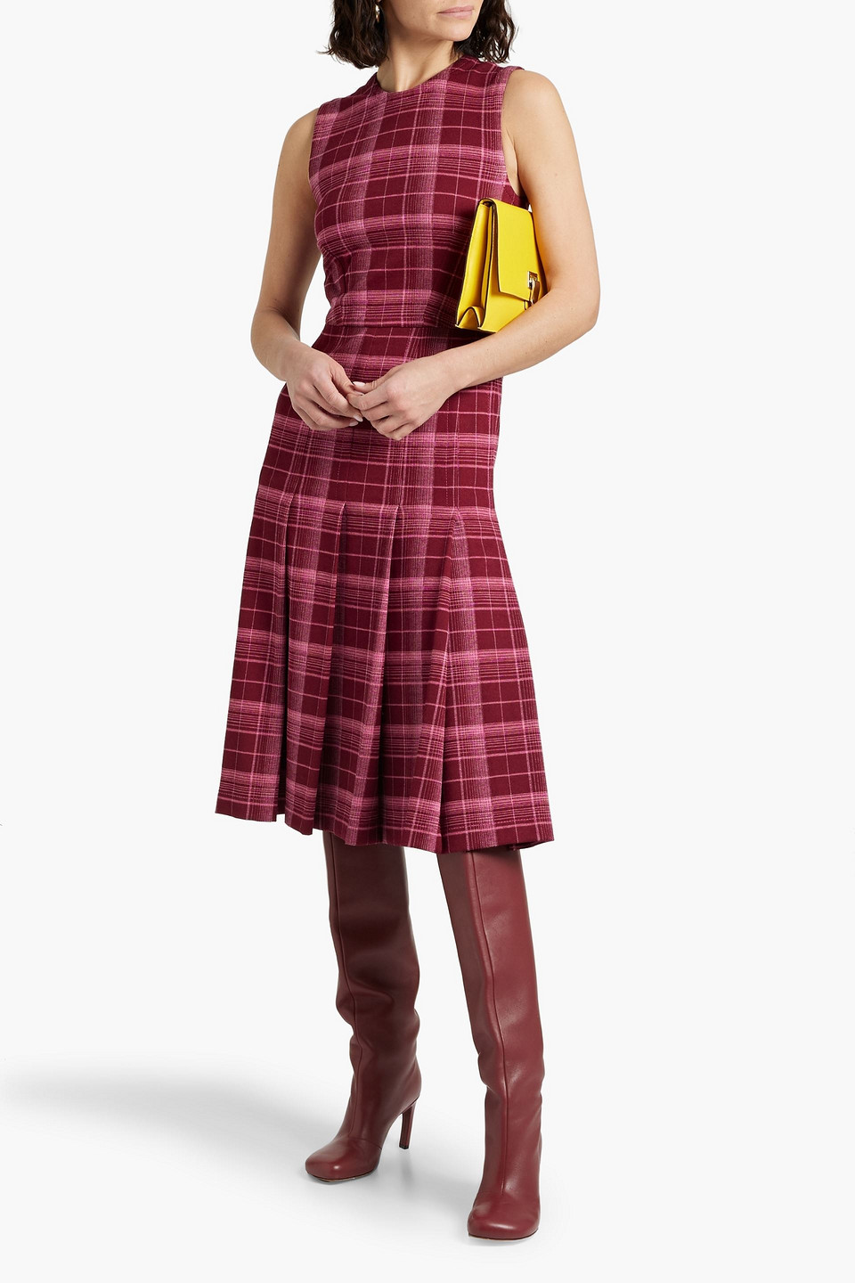 Shop Marni Pleated Checked Jersey Midi Dress In Claret