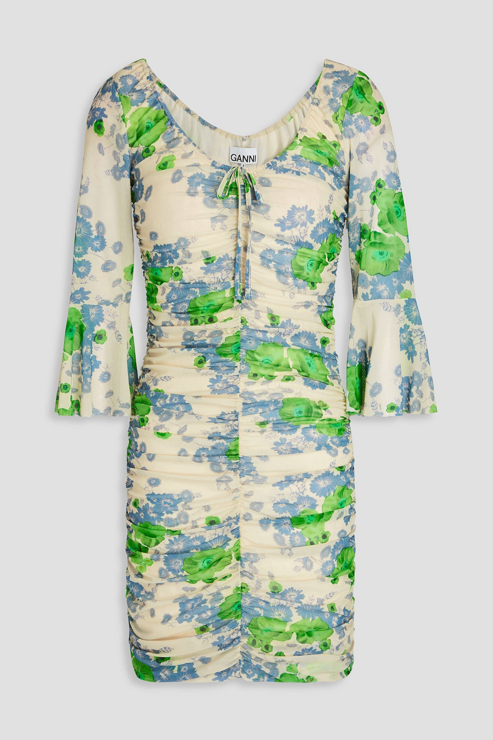Ganni Short Sleeve Printed Mesh U-neck Ruched Mini Dress In Ecru
