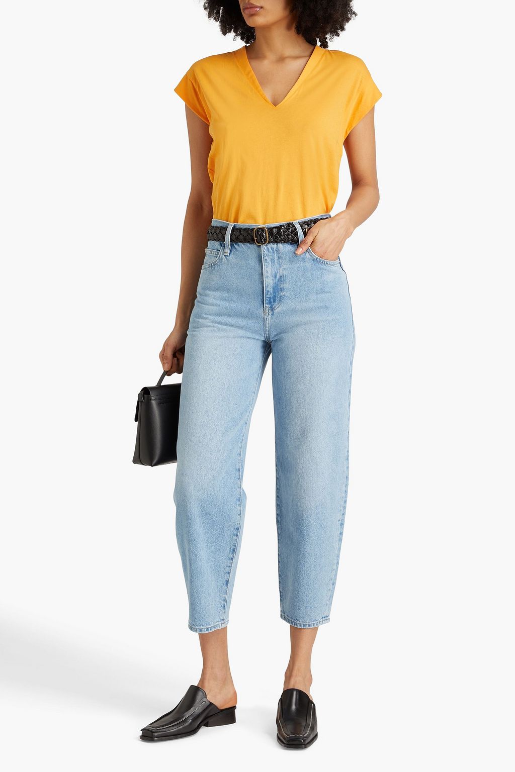 FRAME Cropped faded high-rise tapered jeans