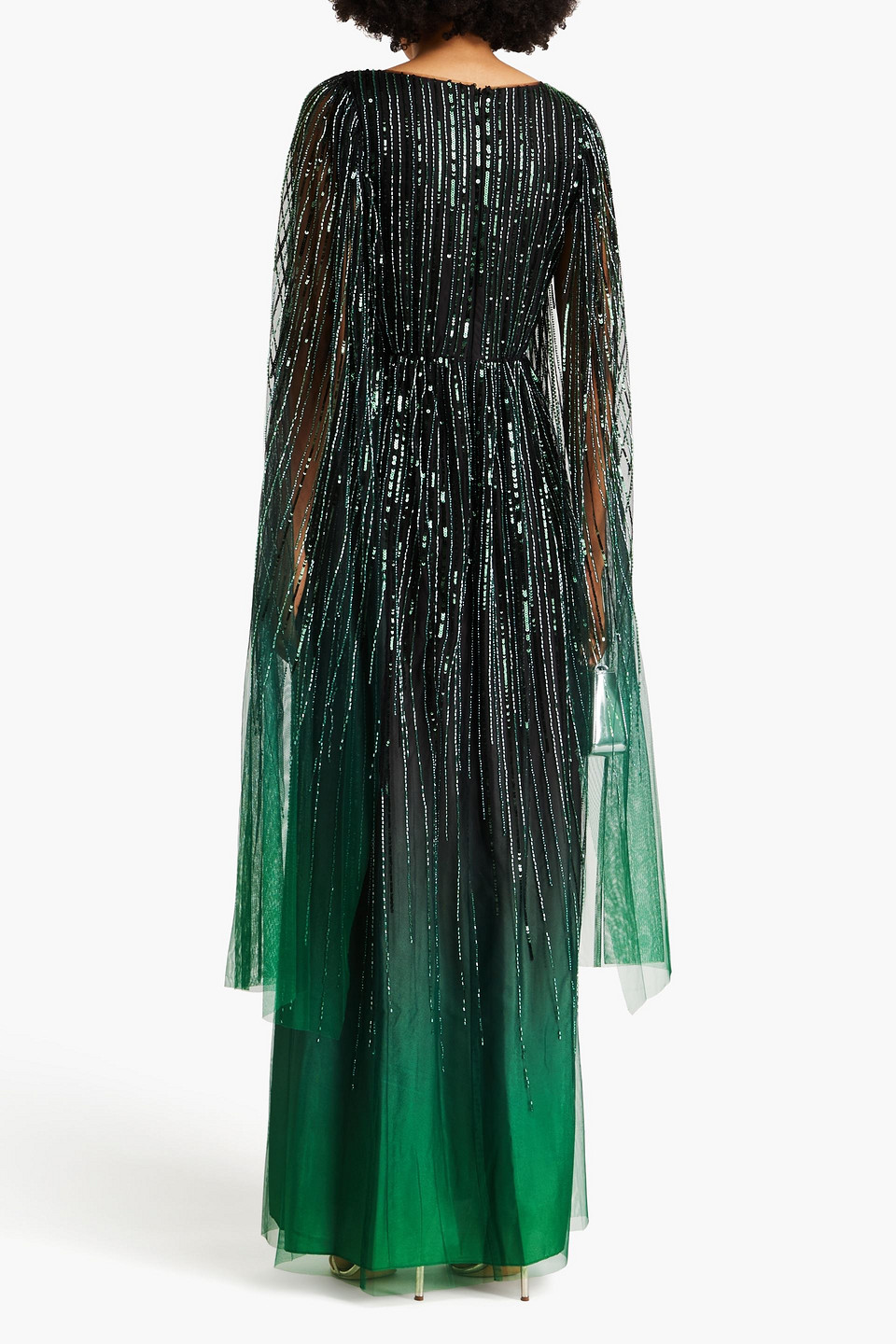 Shop Marchesa Notte Cape-effect Embellished Tulle Gown In Emerald