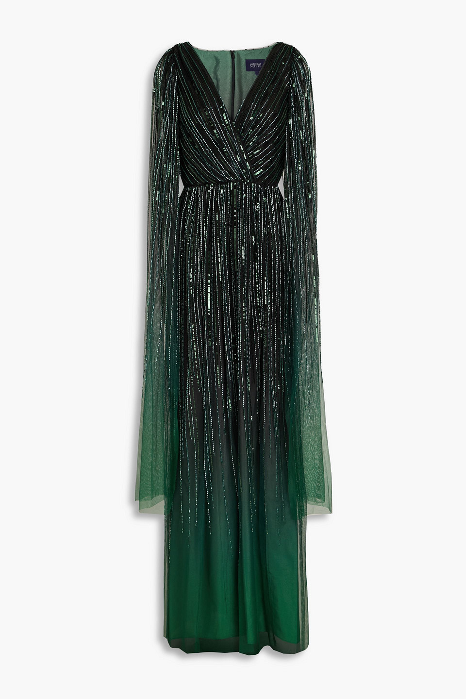 Marchesa Notte Cape-effect Embellished Tulle Gown In Emerald