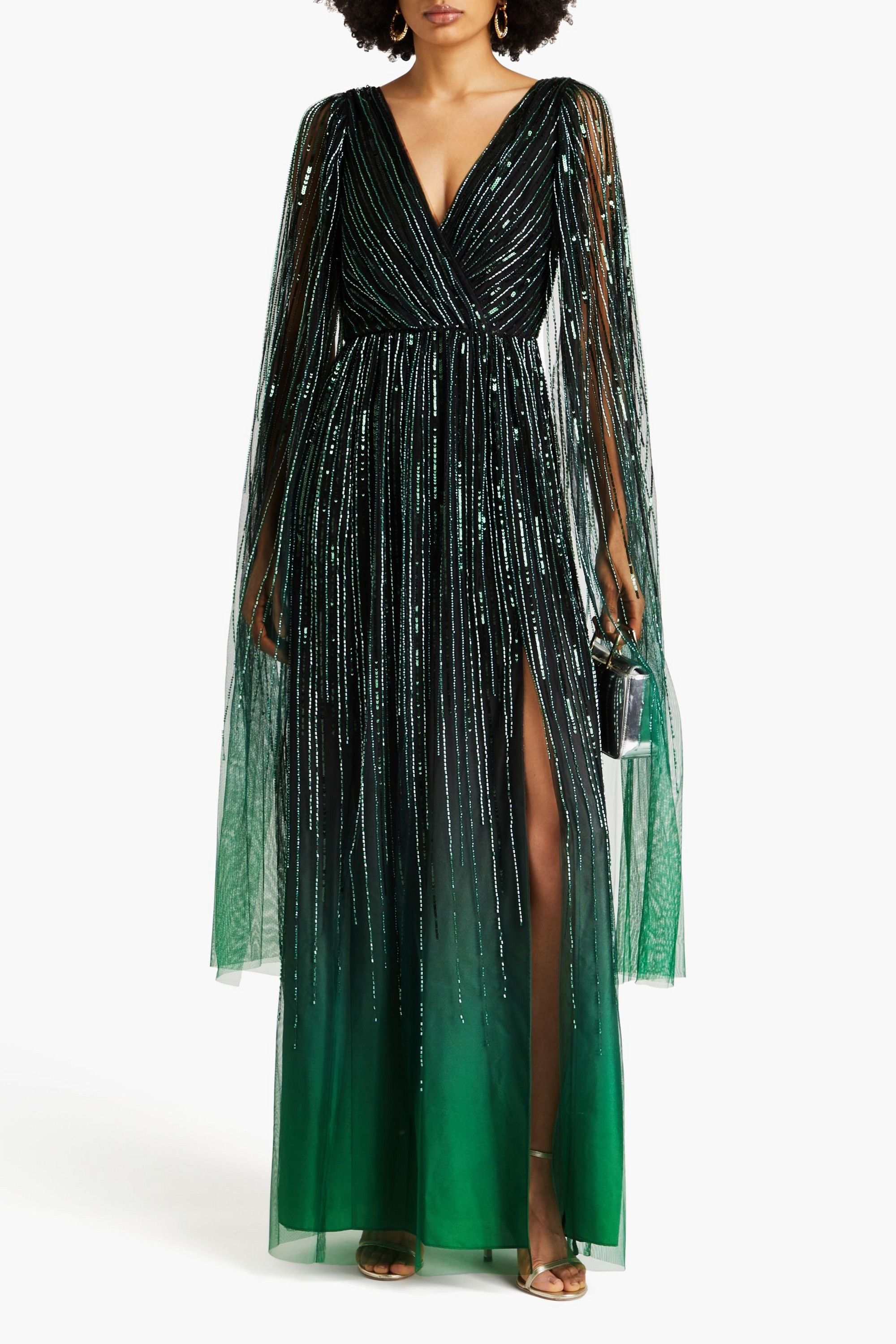 MARCHESA NOTTE Cape-effect embellished tulle gown