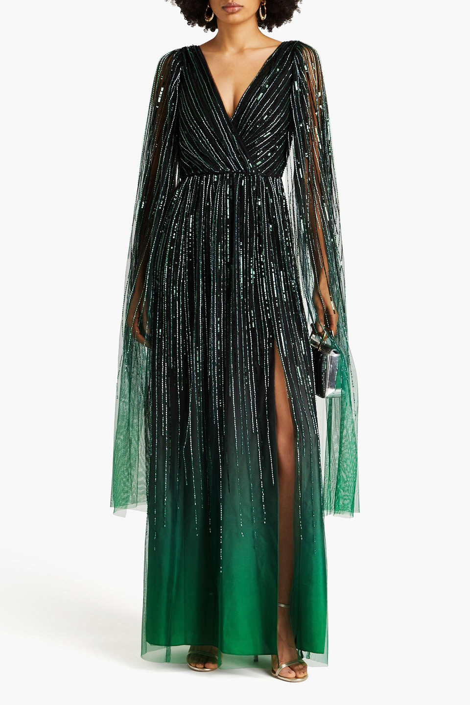 Shop Marchesa Notte Cape-effect Embellished Tulle Gown In Emerald