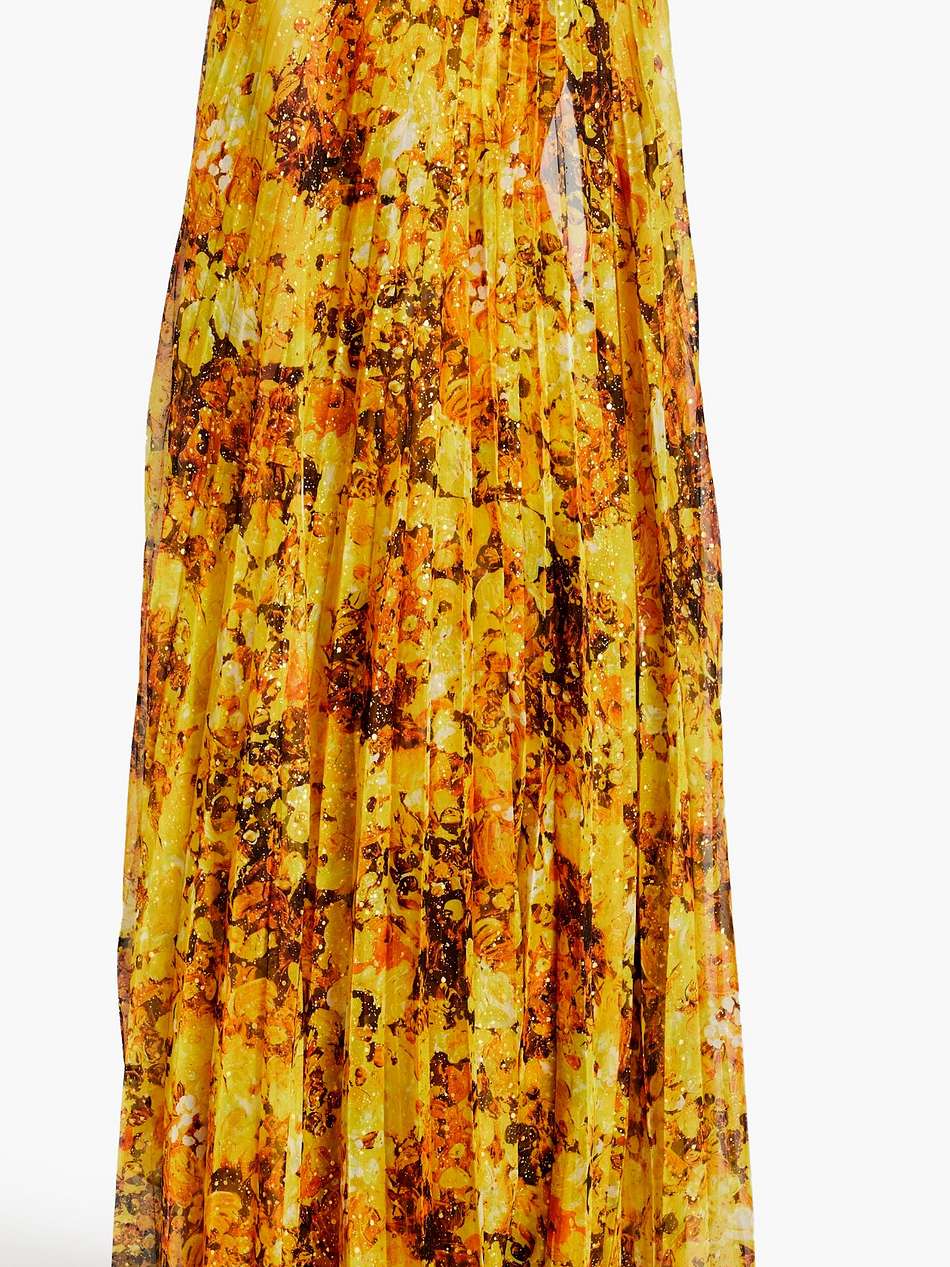 cape-effect pleated floral-print chiffon gown