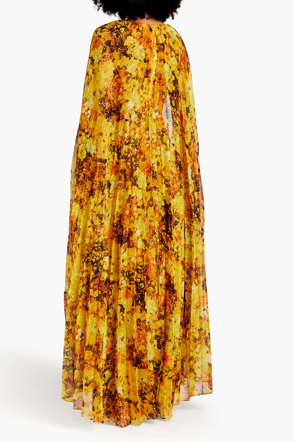 Shop Marchesa Notte Cape-effect Pleated Floral-print Chiffon Gown In Saffron