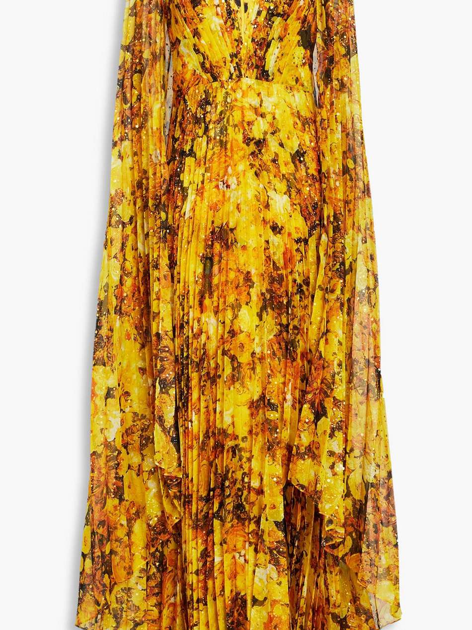 cape-effect pleated floral-print chiffon gown