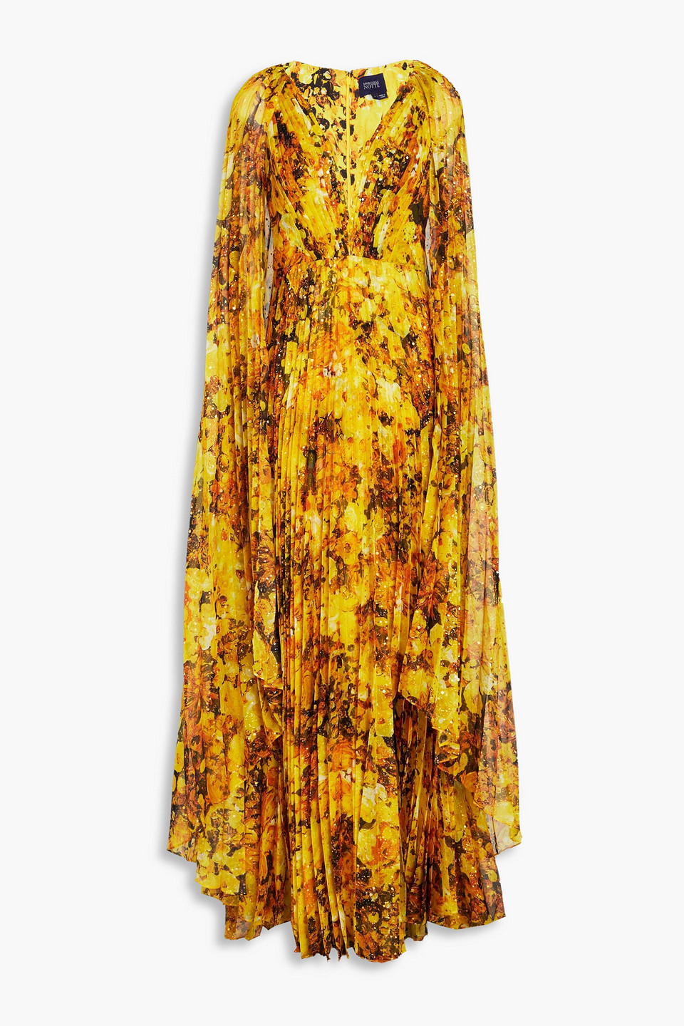 Cape-effect pleated floral-print chiffon gown