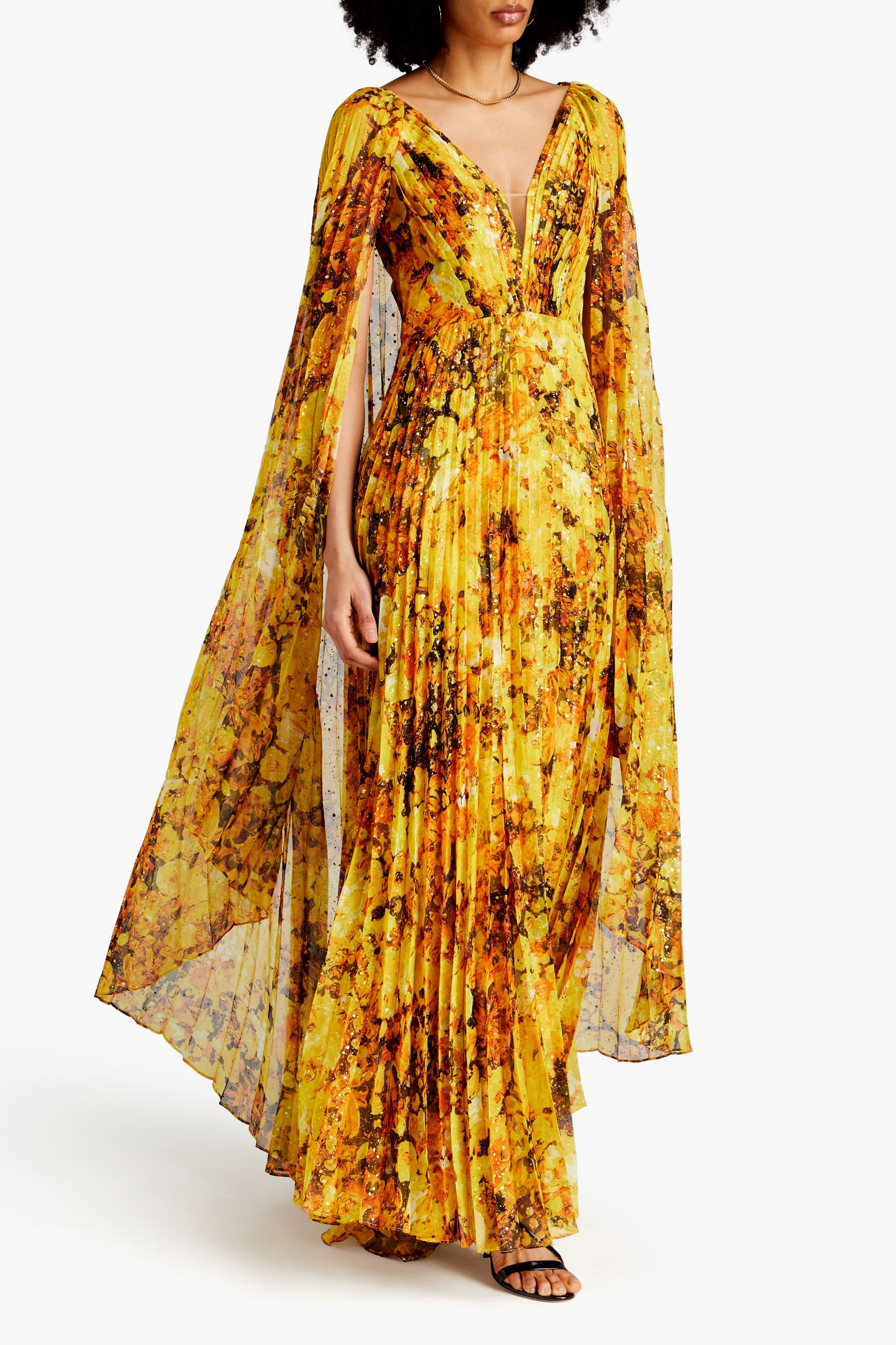 MARCHESA NOTTE Cape-effect pleated floral-print chiffon gown